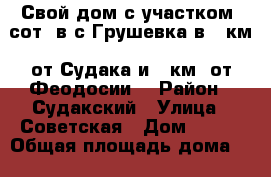 Свой дом с участком 6сот. в с.Грушевка в 20км. от Судака и 30км. от Феодосии  › Район ­ Судакский › Улица ­ Советская › Дом ­ 150 › Общая площадь дома ­ 31 › Площадь участка ­ 6 › Цена ­ 890 000 - Крым, Судак Недвижимость » Дома, коттеджи, дачи продажа   